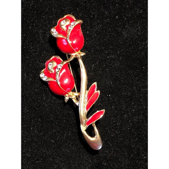 Unbranded Jewelry - Vintage Red Enamel Gold Toned Tulip Pin Brooch with Clear Rhinestones